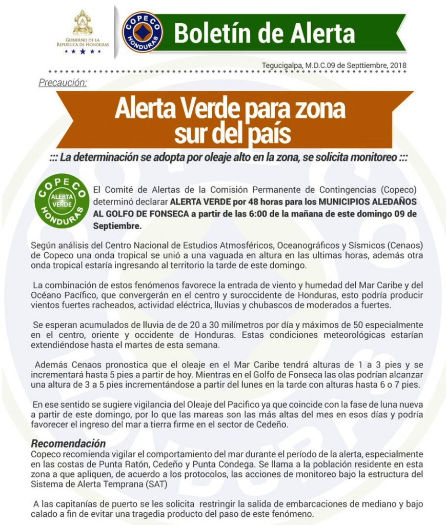 Comunicado Alerta 09-09-18