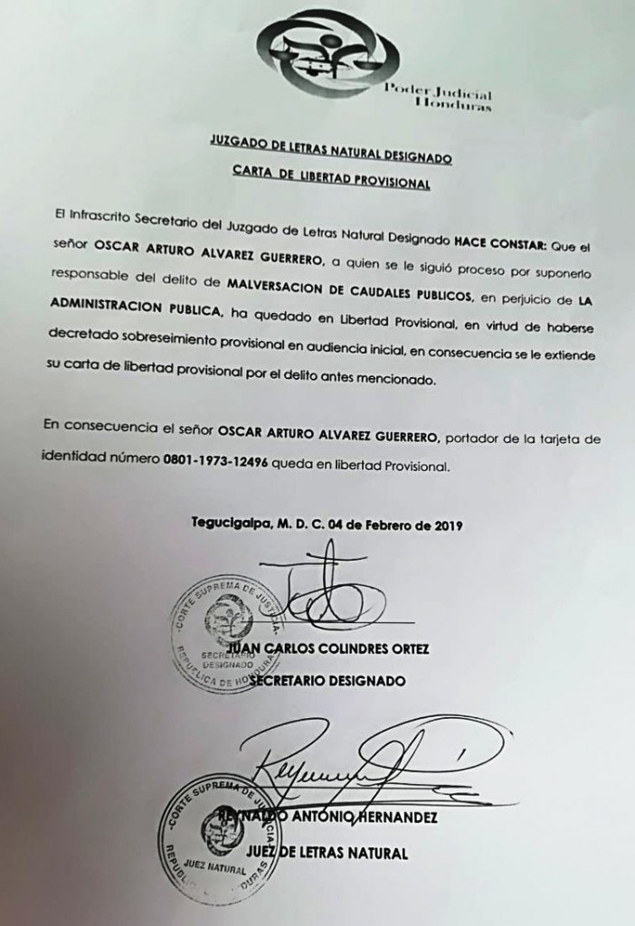 Carta de libertad Oscar Alvarez