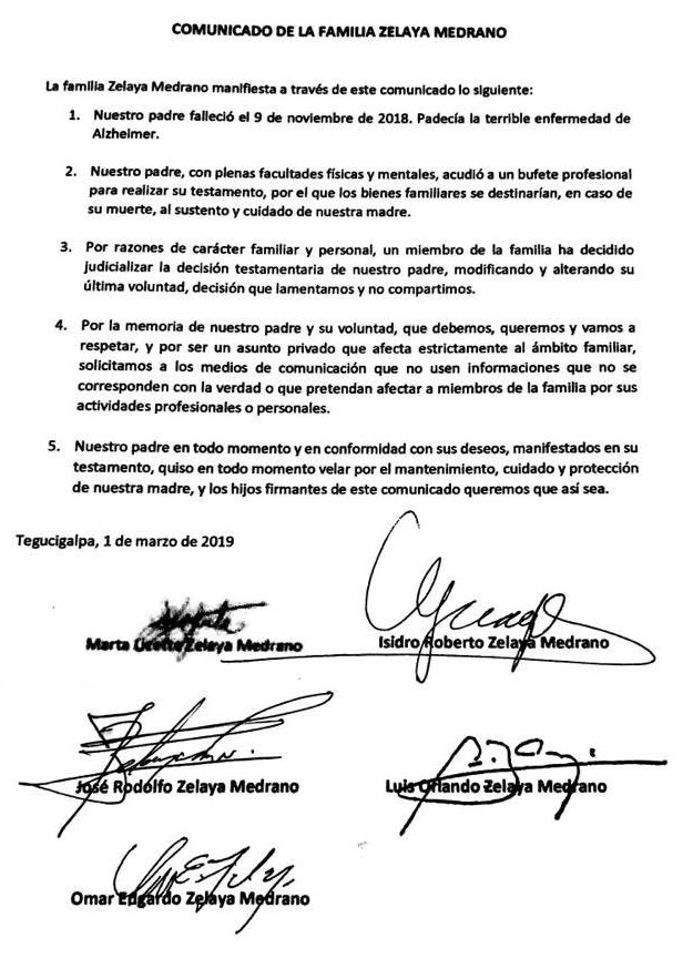 Comunicado hermanos Zelaya Medrano